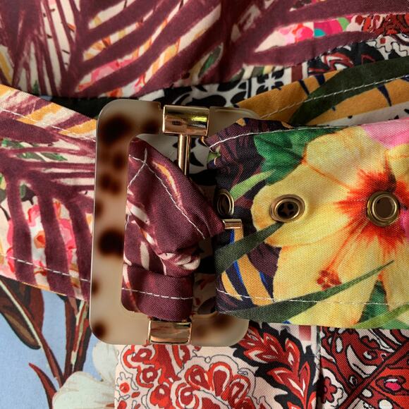 A. Peach Floral Print Belted Jumpsuit Wide Leg Adjustable Straps Pockets Size M - Picture 13 of 16